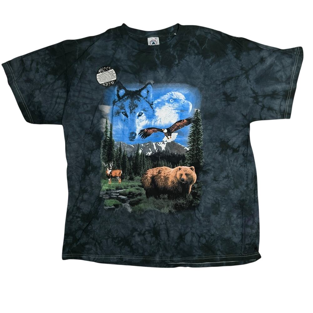 Vintage 90s Wolf Bear Eagle Deer T Shirt Delta Size XL Gray Tie Dye Nature NWT
